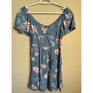 Roxy Floral Off Shoulder Mini Dress Small Blue‎ Boho Tropical Summer Cottagecore
